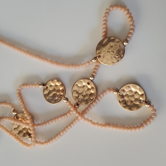 Classy Peach and Gold Tone Long Beaded Necklace and Matching Earrings 2 - Picture 2 of 3